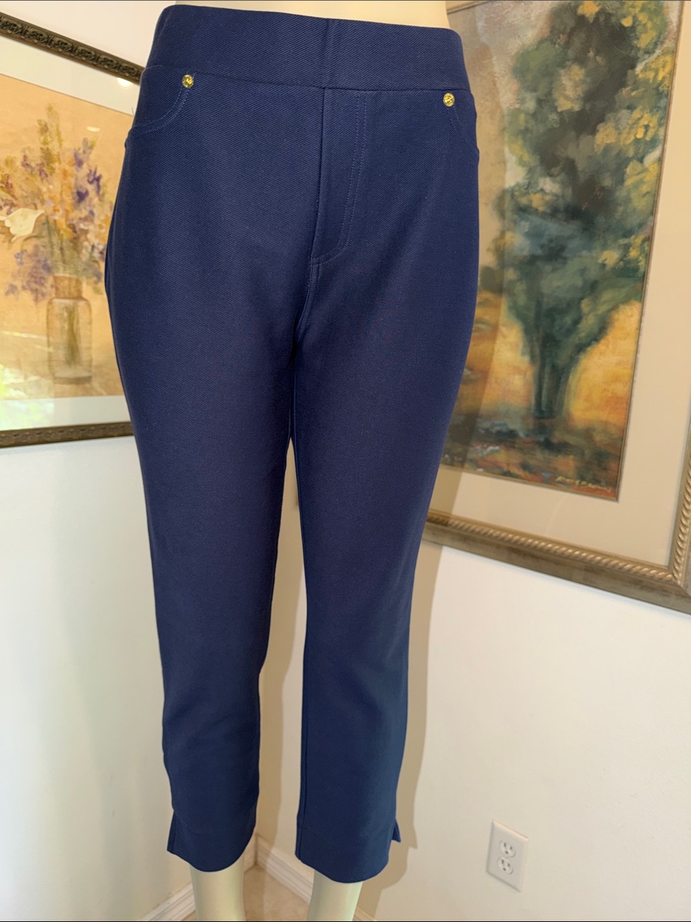Michael Kors Pull On Navy Crop/Ankle Stretch Knit Pants Size Large - Picture 3 of 10